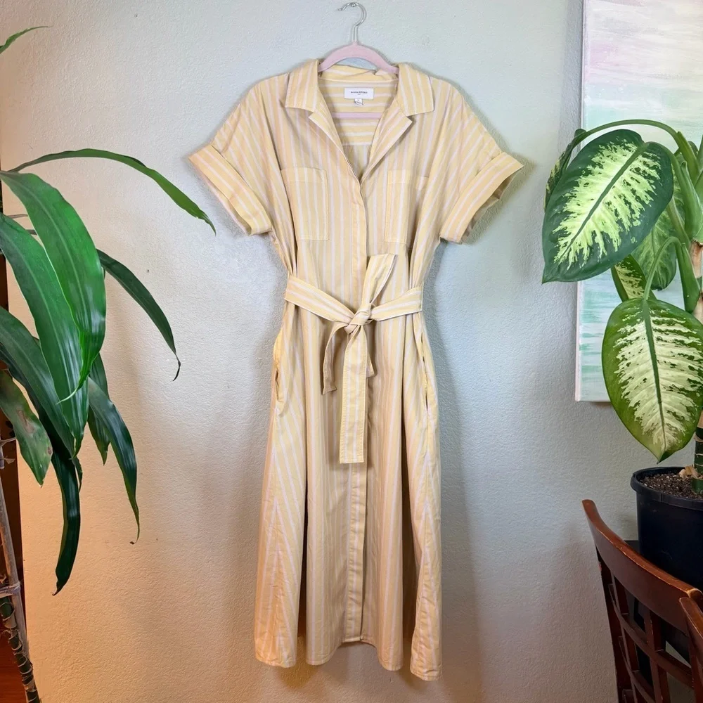 Banana Republic Cotton Butter Yellow White Striped Button Down V Neck Dress L - Picture 2 of 12